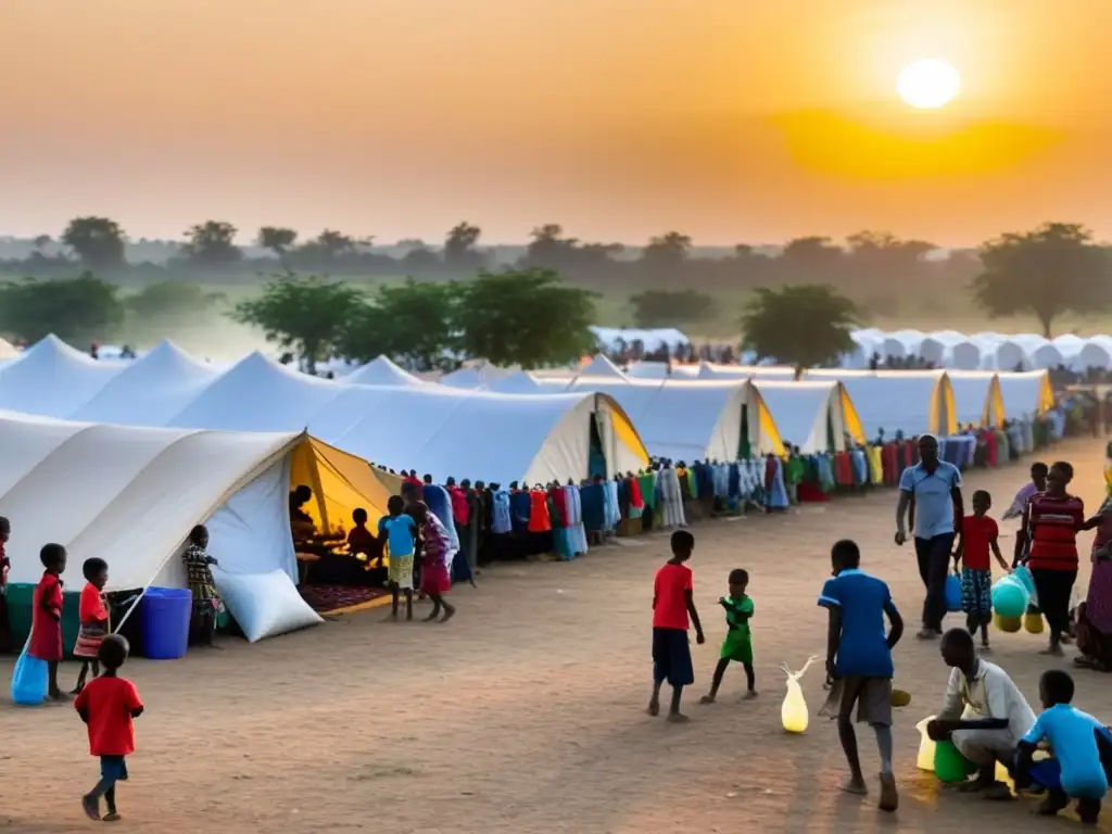 Refugiados se reúnen en un campamento, jugando y recibiendo ayuda