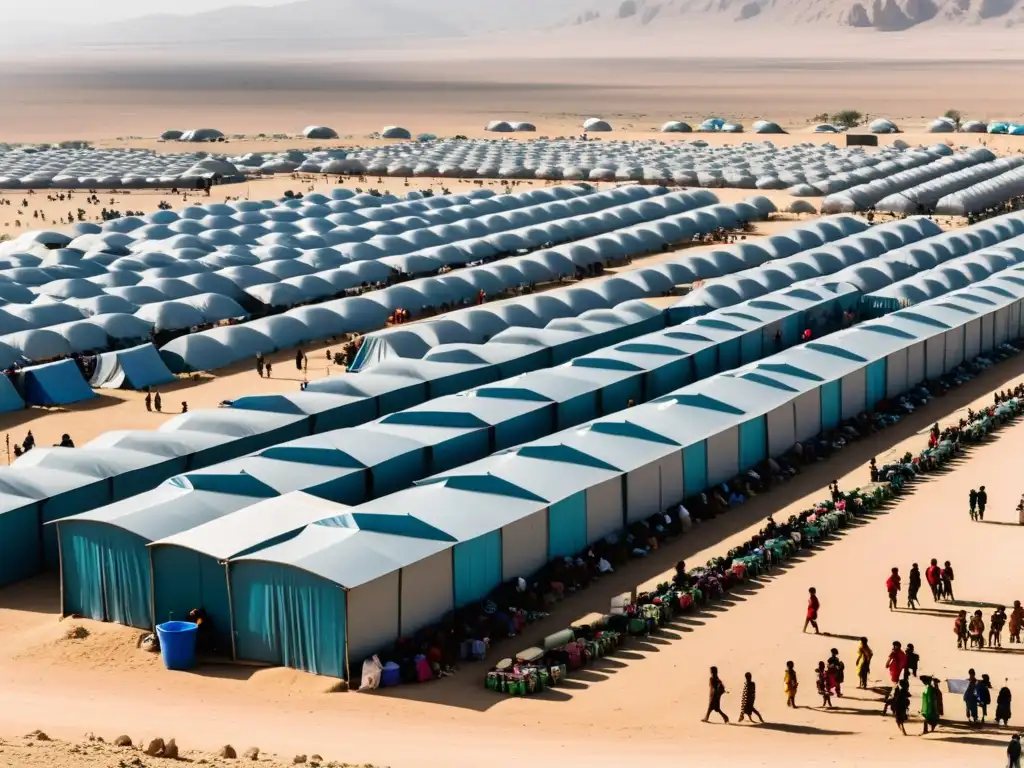 Refugiados en campamento desolado, niños juegan