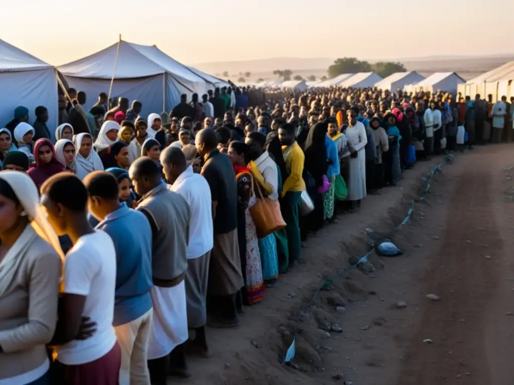 Refugiados en campamento con esperanza y resiliencia, rodeados de alambre de púas al atardecer