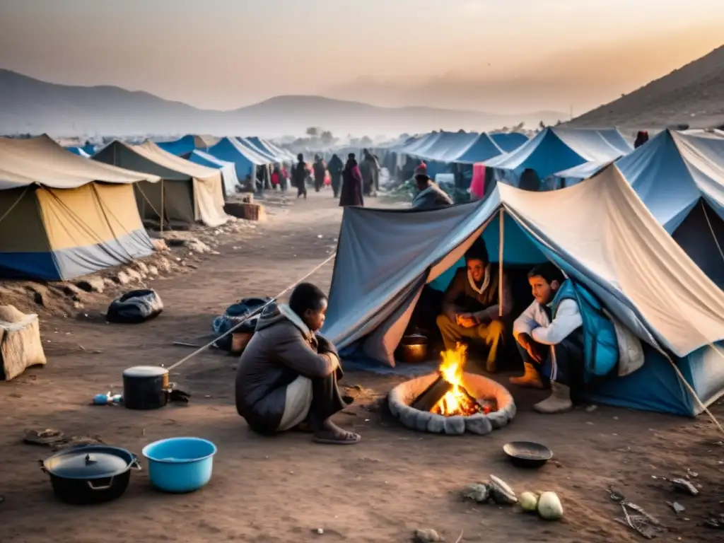 Refugiados en campamento improvisado, reflejando el desafío de salud en zonas de conflicto