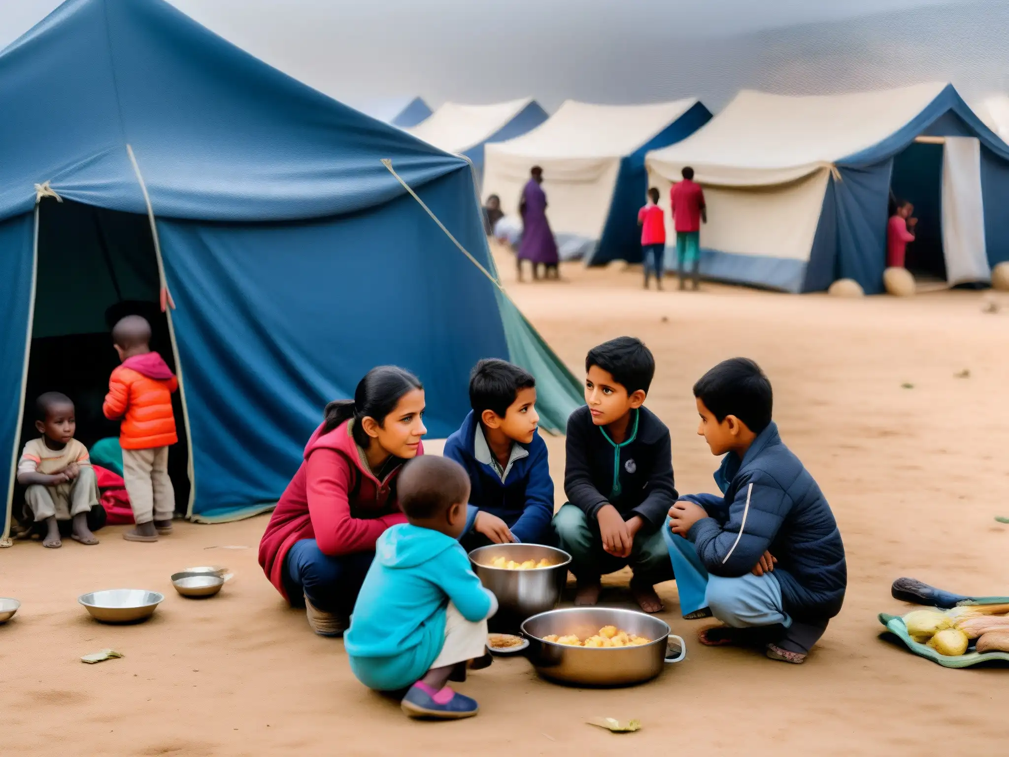 Refugiados en campamento improvisado, niños juegan, adultos preparan comida