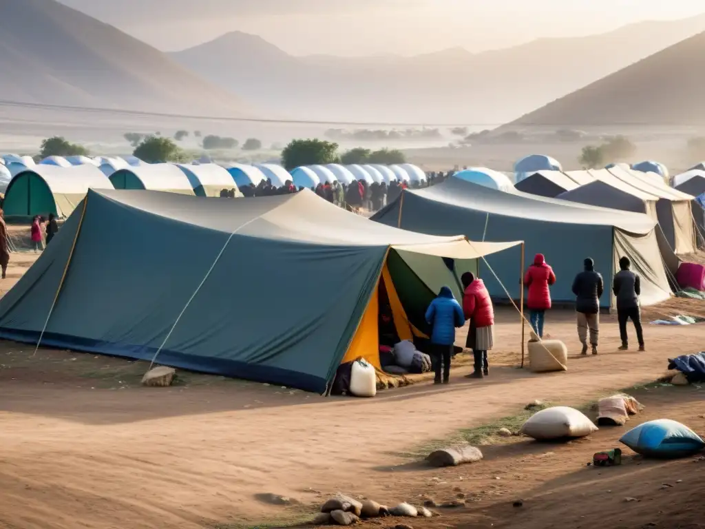 Refugiados en campamento improvisado, rostros cansados pero esperanzados