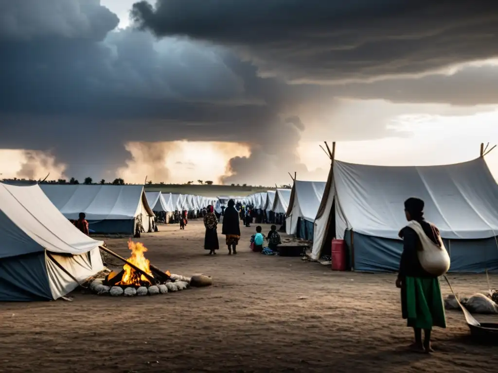 Refugiados en un campamento improvisado en una zona de conflicto olvidada, reflejando la urgencia de impactos humanitarios