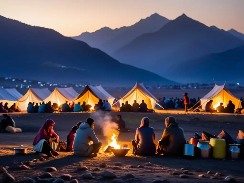 Refugiados en campamento al anochecer, con lámparas y fogatas iluminando el lugar