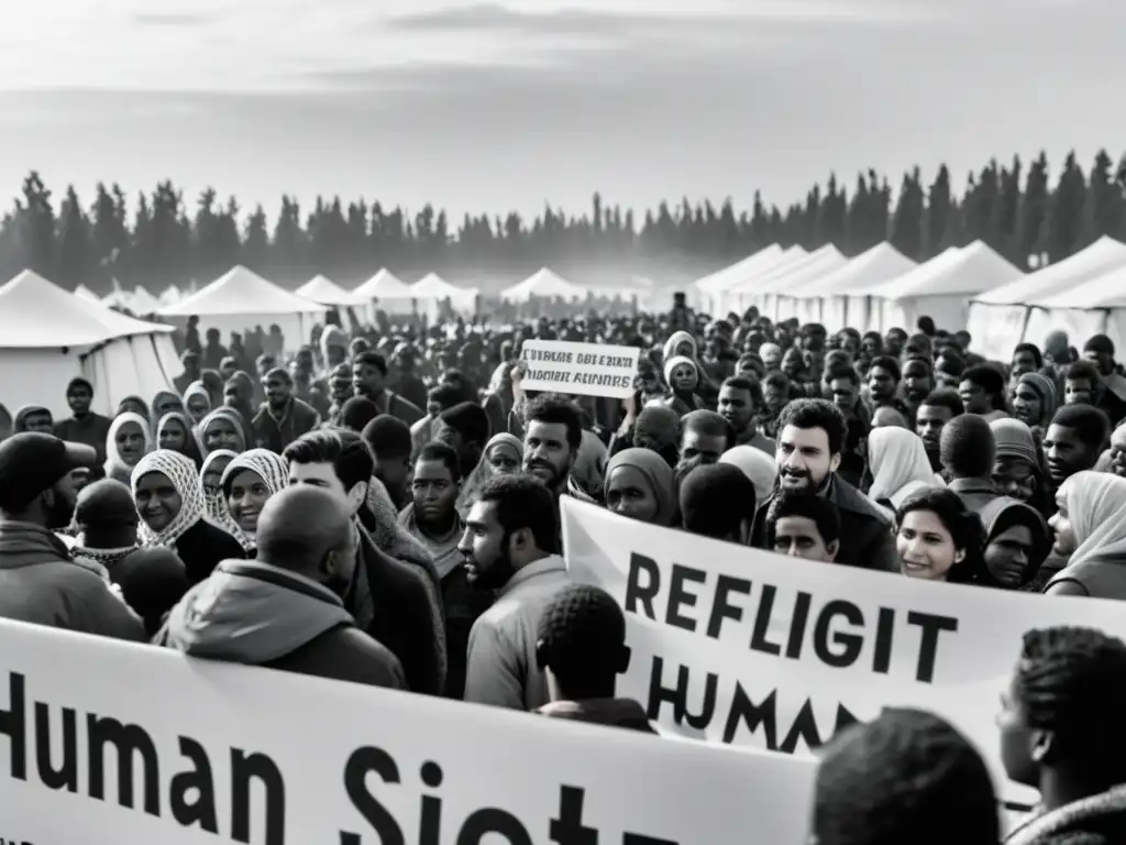 Refugiados en campamento con letreros promoviendo derechos humanos globales, capturando la determinación y el rol diáspora