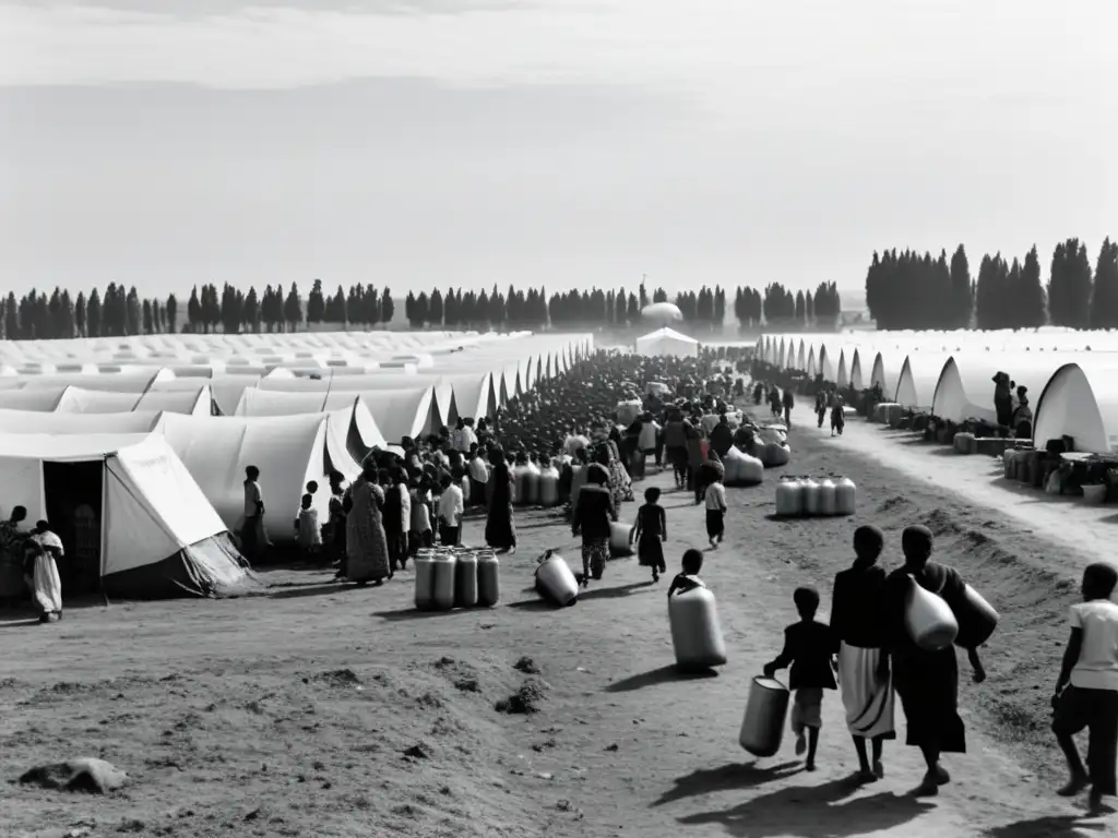 Refugiados en un campamento, mostrando su lucha diaria y resiliencia