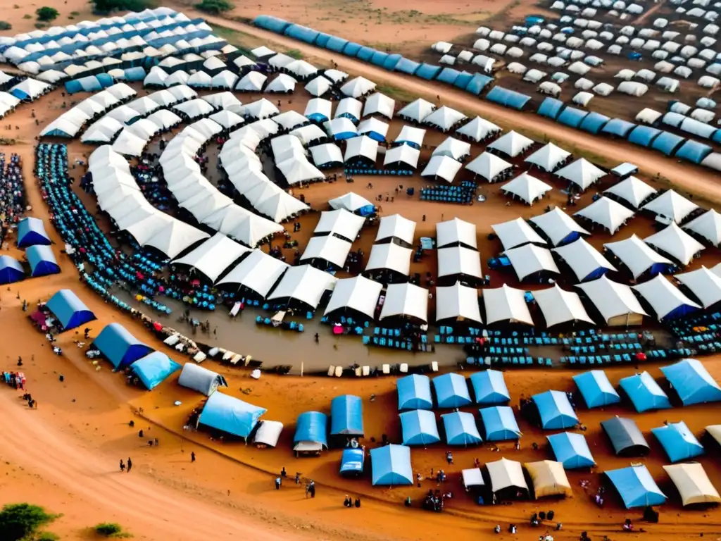 Refugiados en campamento precario en África, mujeres y niños cerca de fuente de agua, gente esperando ayuda alimentaria