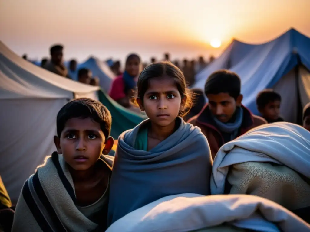 Refugiados en campamento con secuelas invisibles conflictos armados, buscan esperanza bajo luz tenue