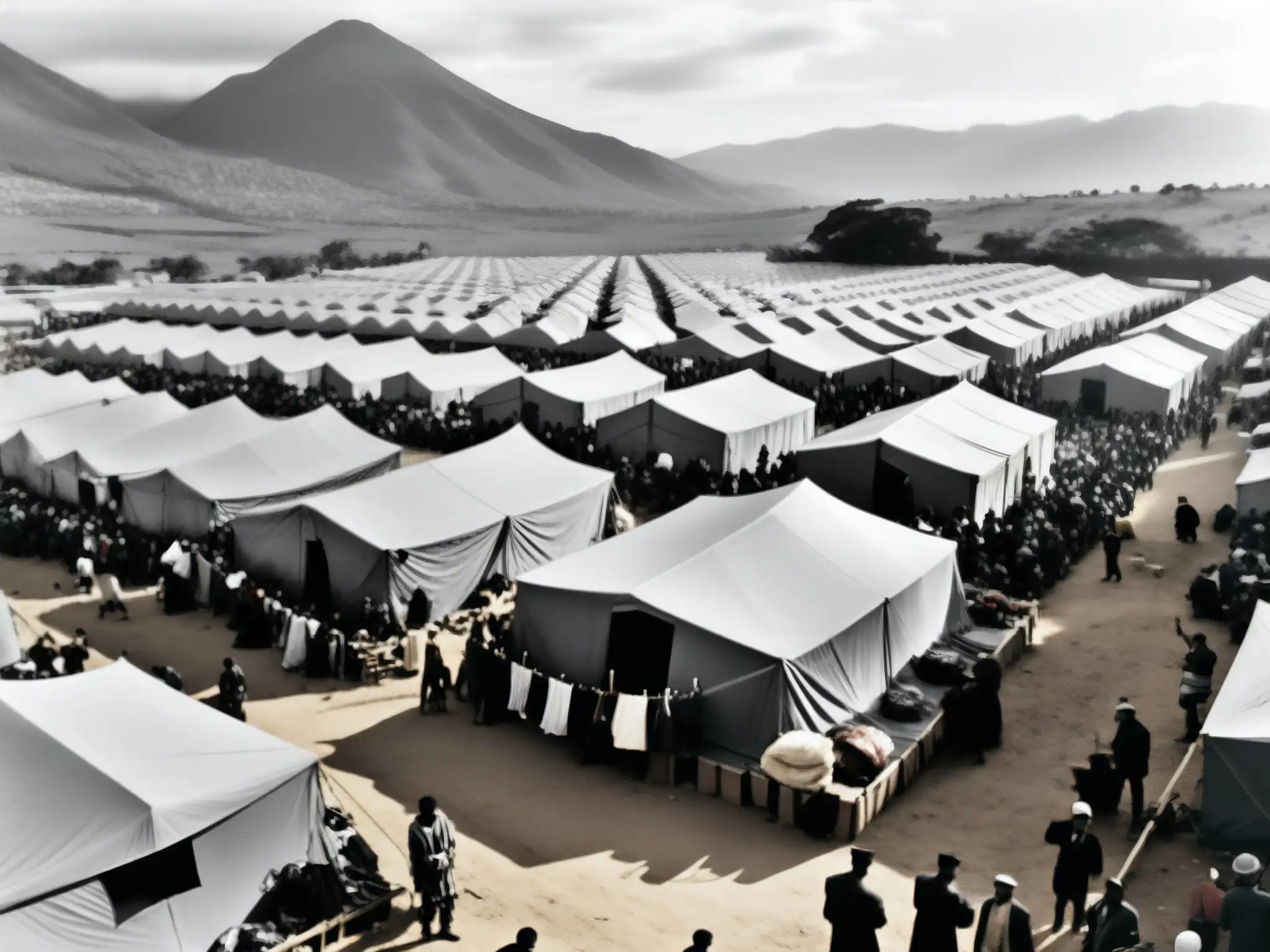 Refugiados en campamento con tiendas improvisadas y alambre de púas, reflejando el exilio forzado dictaduras sudamericanas