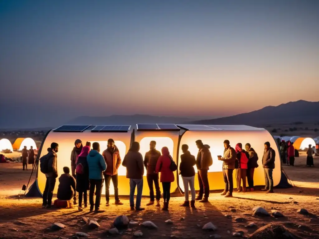 Refugiados cargando celulares con paneles solares en un campamento, conectándose online