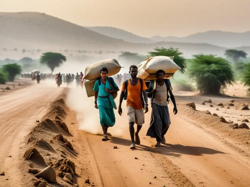 Refugiados del clima caminan bajo el sol, llevando sus pertenencias