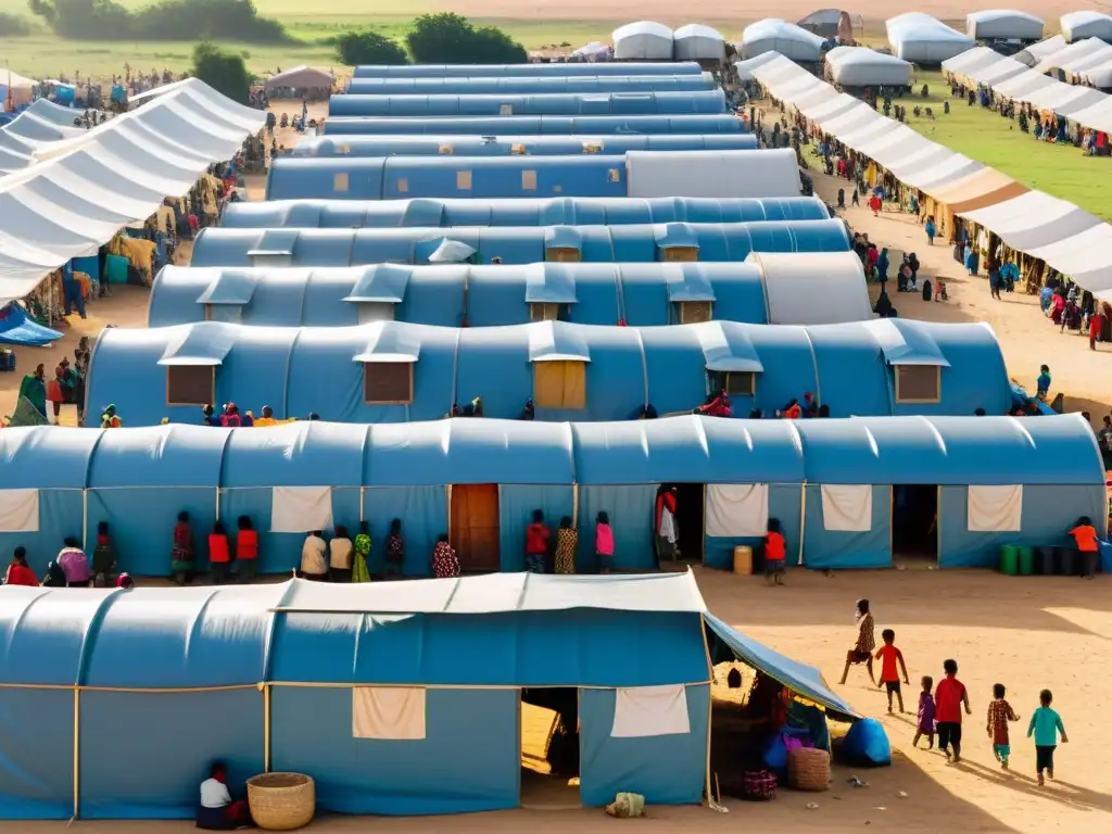 Refugiados y comunidad en campamento, mostrando diversidad cultural y resiliencia