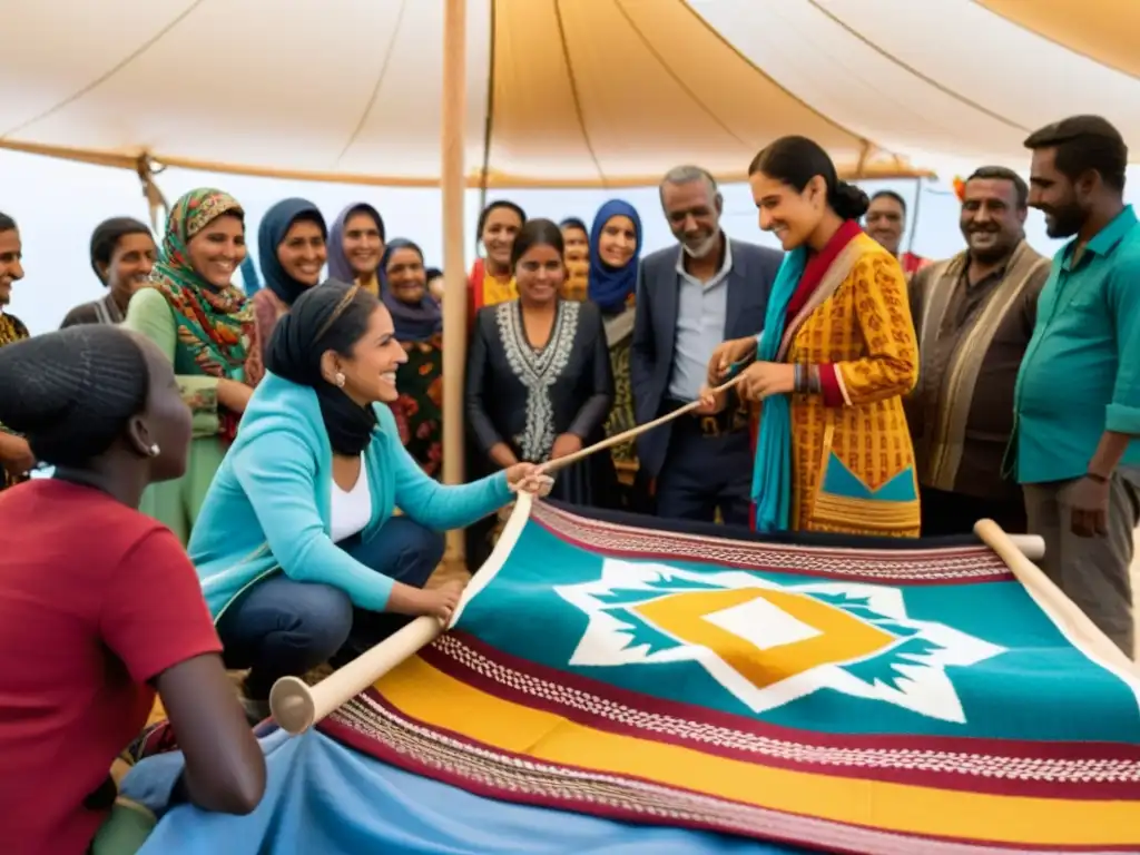 Refugiados de distintas culturas se reúnen en un campamento, participando en expresiones culturales de esperanza y solidaridad