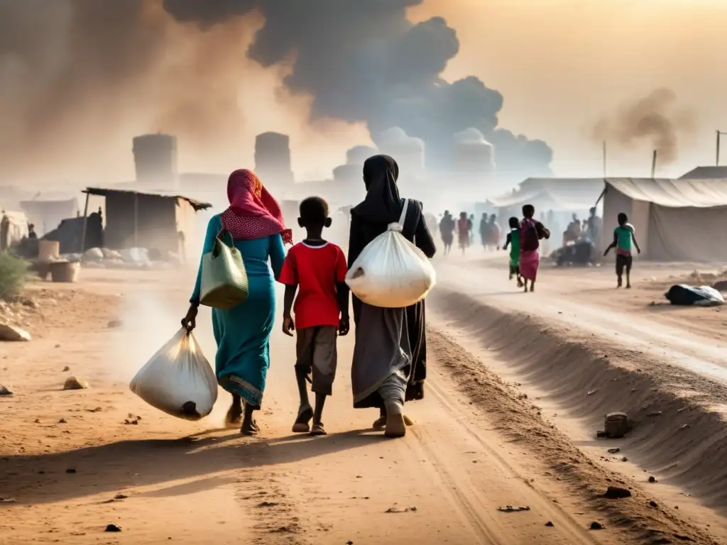 Refugiados en desafío salud, caminan con sus pertenencias en camino incierto, dejando atrás la devastación del conflicto