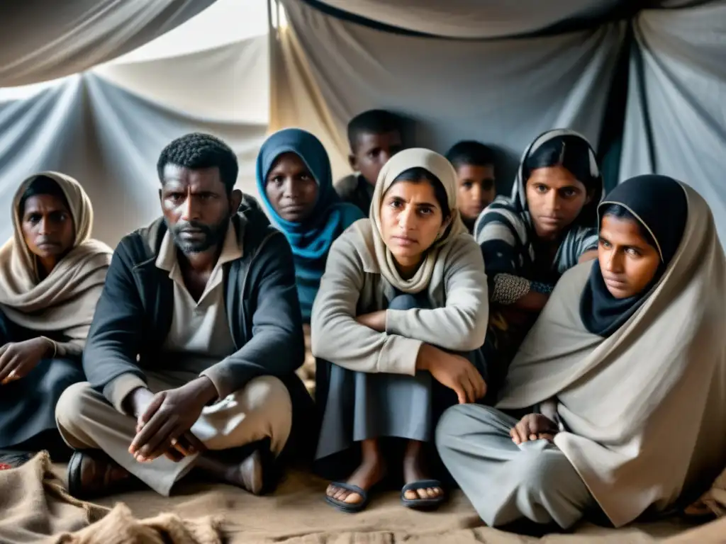 Refugiados desplazados se reúnen en un improvisado refugio, reflejando la dureza de los conflictos olvidados