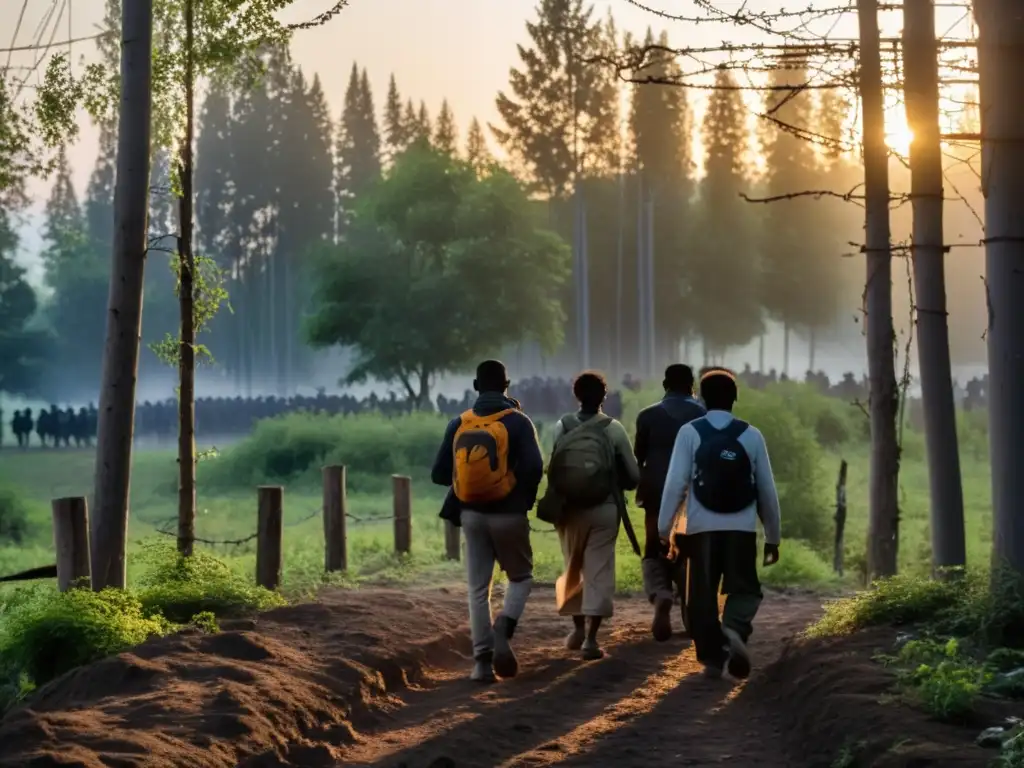 Refugiados escapando de las dictaduras en Europa del Este, traspasando un denso bosque al atardecer con determinación y esperanza