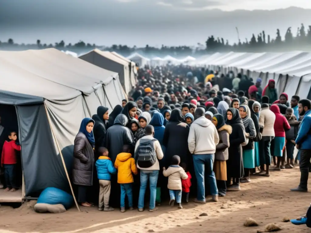 Refugiados de todas las edades se reúnen en un campamento improvisado, mostrando esperanza y resistencia