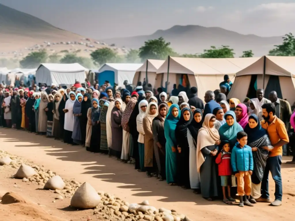 Refugiados de diversas edades y orígenes esperan ayuda en un bullicioso campamento