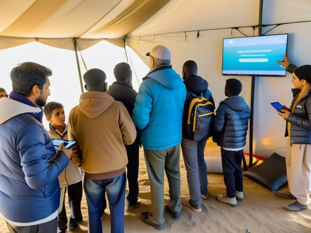 Refugiados de todas las edades se reúnen alrededor de un punto de acceso digital en un campamento, mostrando esperanza e integración