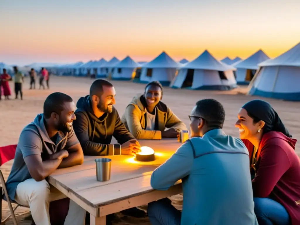 Refugiados creando emprendimientos exitosos en un campamento al atardecer