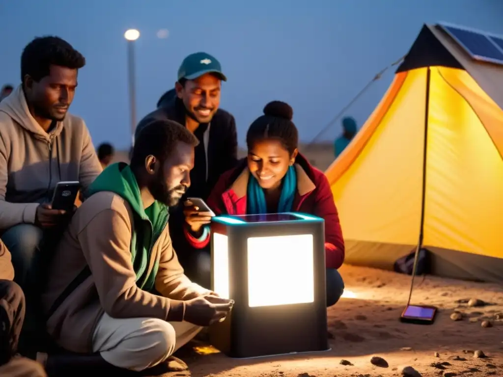 Refugiados se congregan alrededor de una estación de carga solar en un campamento improvisado, buscando Acceso digital en emergencias humanitarias