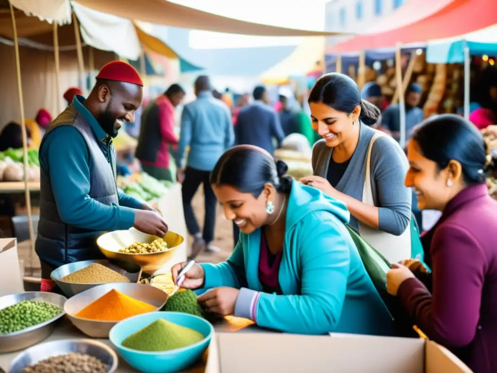 Refugiados emprendiendo con éxito en un bullicioso mercado, mostrando su determinación y diversidad cultural