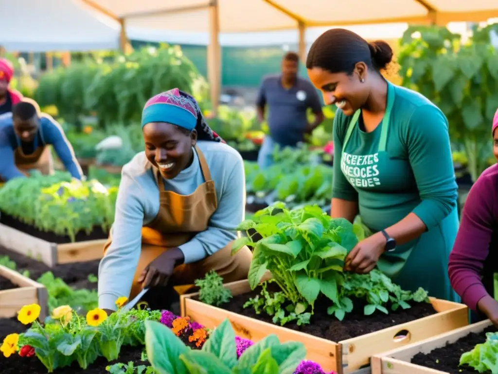 Refugiados exitosos trabajando en su jardín comunitario, mostrando emprendimientos exitosos de refugiados