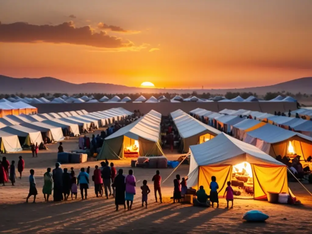 Refugiados y familias en un campamento al atardecer