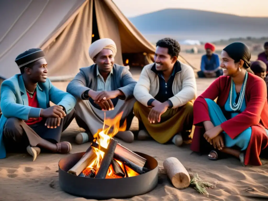 Refugiados se reúnen alrededor de una fogata, compartiendo historias y tradiciones culturales