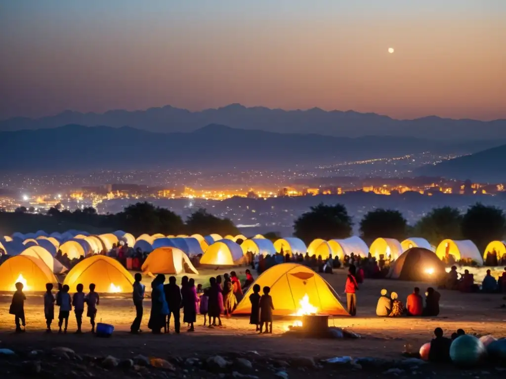 Refugiados se reúnen alrededor de fogatas en un campamento urbano al anochecer, mostrando la urbanización de refugiados: retos y derechos humanos