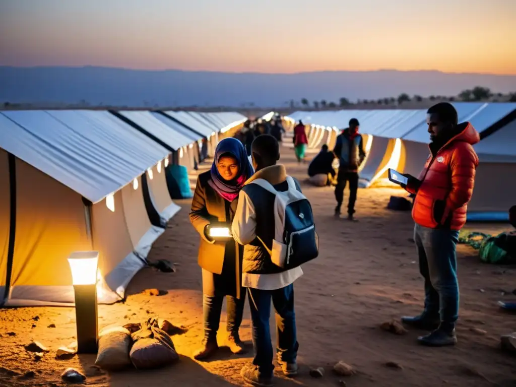 Refugiados utilizan innovaciones tecnológicas para comunicarse en asentamiento temporal, simbolizando su adaptabilidad