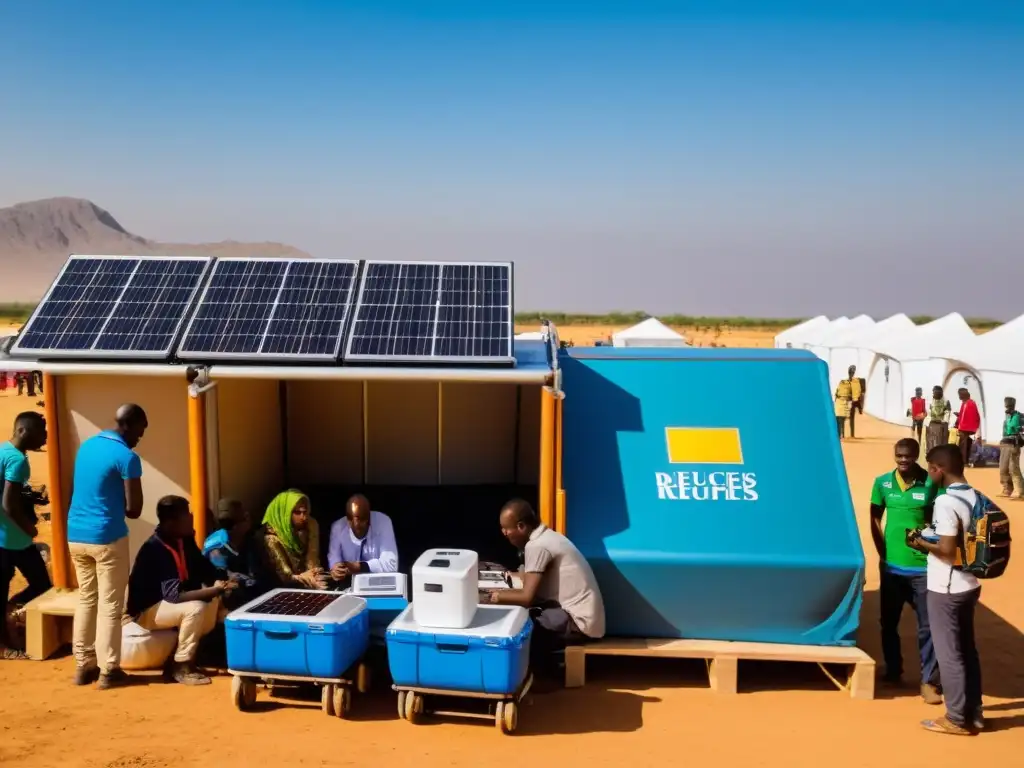 Refugiados usando innovaciones tecnológicas para acceder a recursos educativos y de comunicación en un refugio temporal