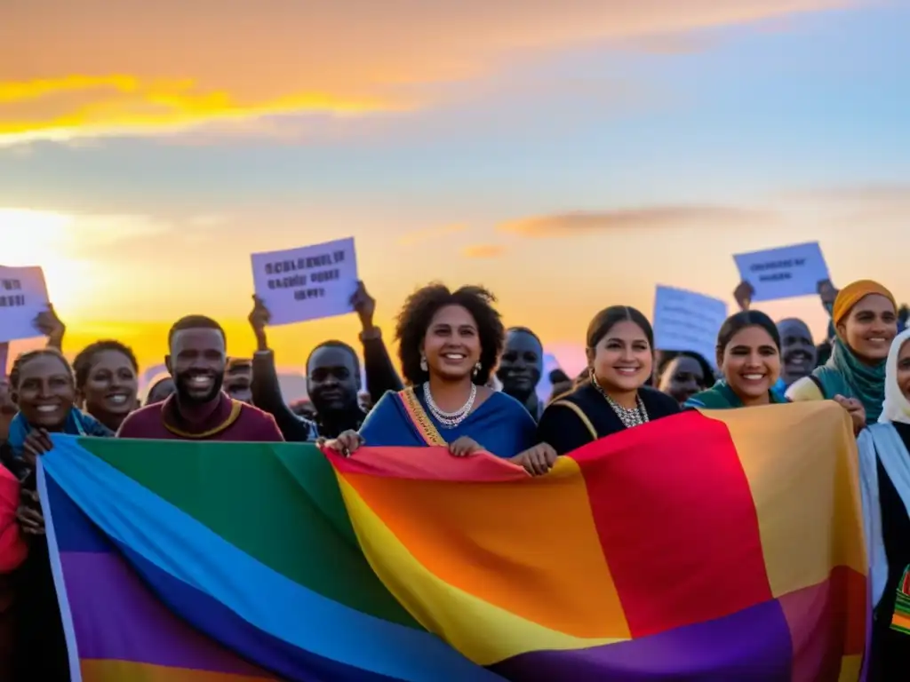 Refugiados LGBTQ+ protestan contra la discriminación, unidos en la lucha por la igualdad bajo el cálido atardecer, simbolizando esperanza y fortaleza