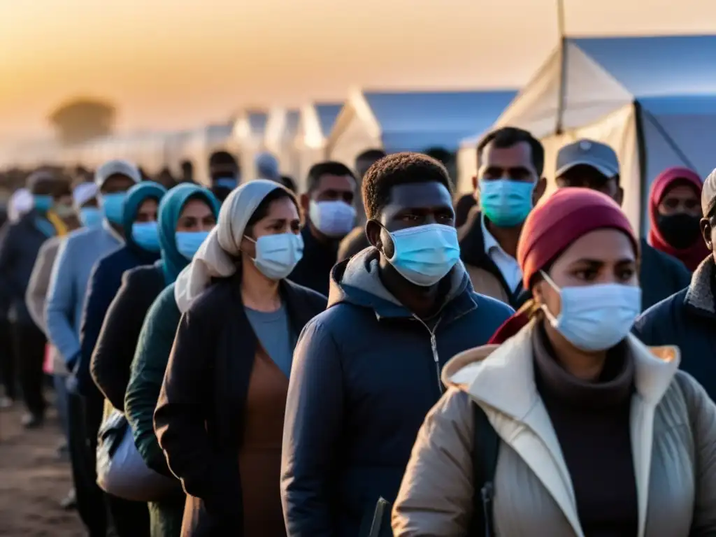 Refugiados y migrantes en fila, usan mascarillas, esperando en un refugio improvisado al atardecer