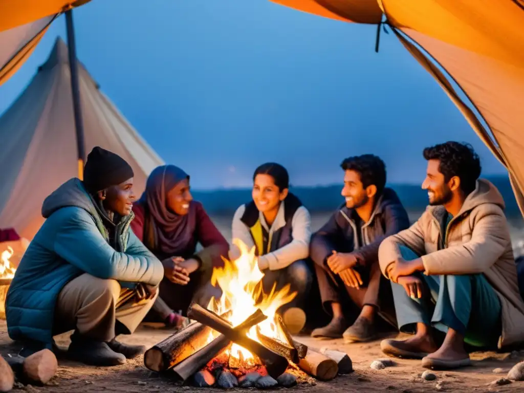 Refugiados compartiendo narrativas personales alrededor de una fogata en el campamento