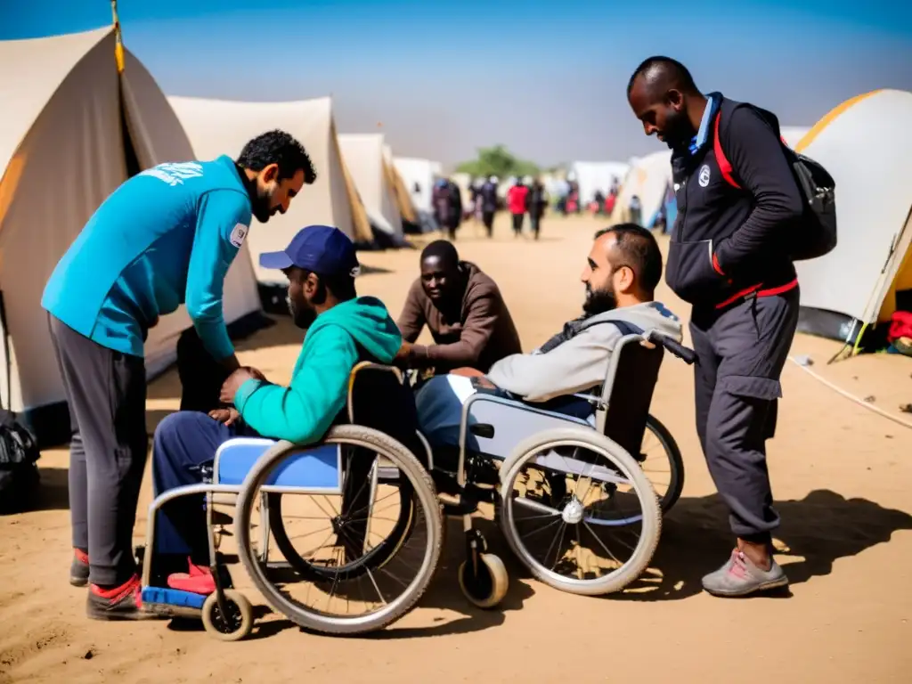 Refugiados con necesidades especiales reciben apoyo en un campamento improvisado, destacando la protección de sus derechos humanos