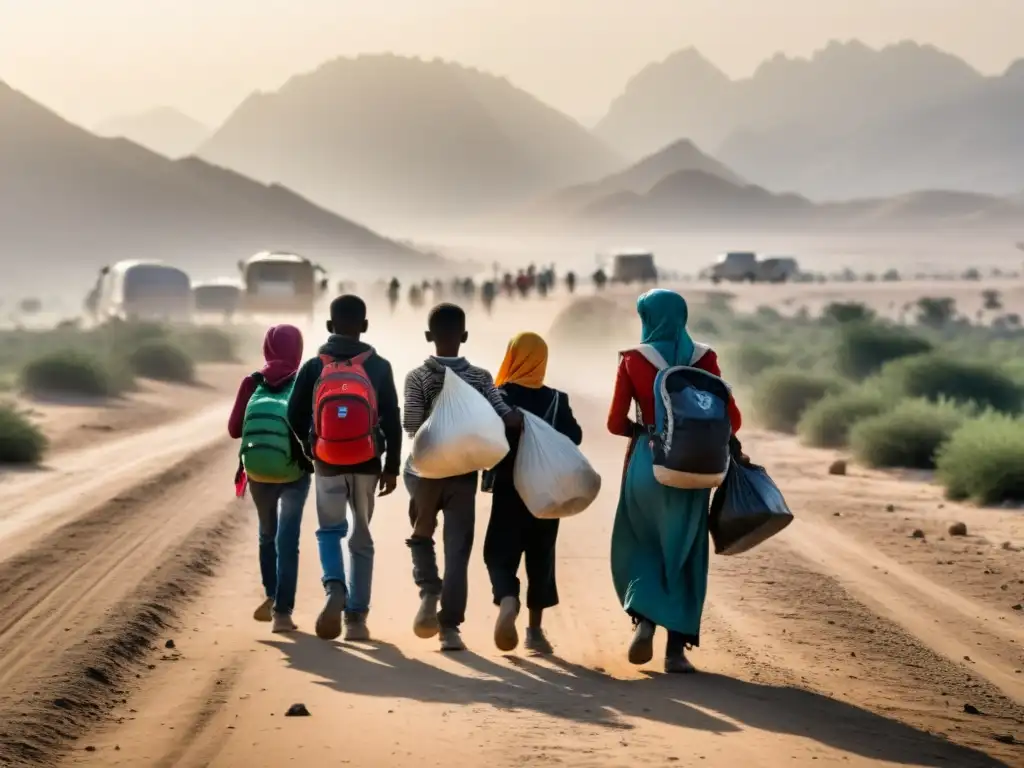 Refugiados llevando sus pertenencias en una carretera polvorienta, mostrando determinación y agotamiento en sus rostros bajo el sol implacable