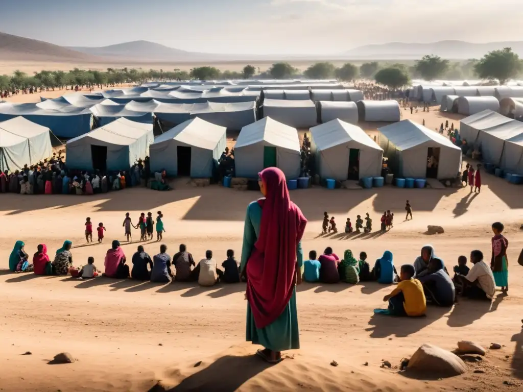 Refugiados se reúnen alrededor de un pozo, expresando desesperanza y resiliencia en un campamento superpoblado