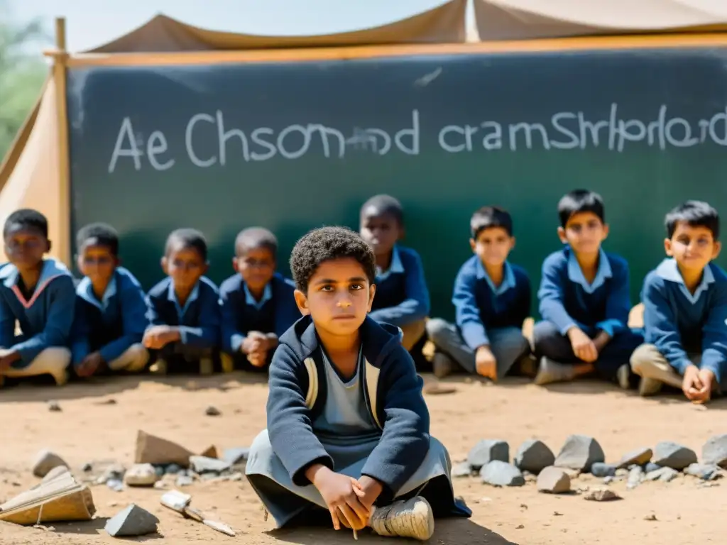 Refugiados estudian en precario aula al aire libre entre ruinas, demostrando el derecho a educación en conflictos