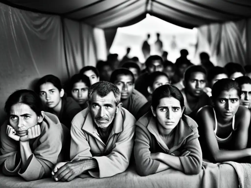 Refugiados en un refugio improvisado, reflejando la dureza de la guerra