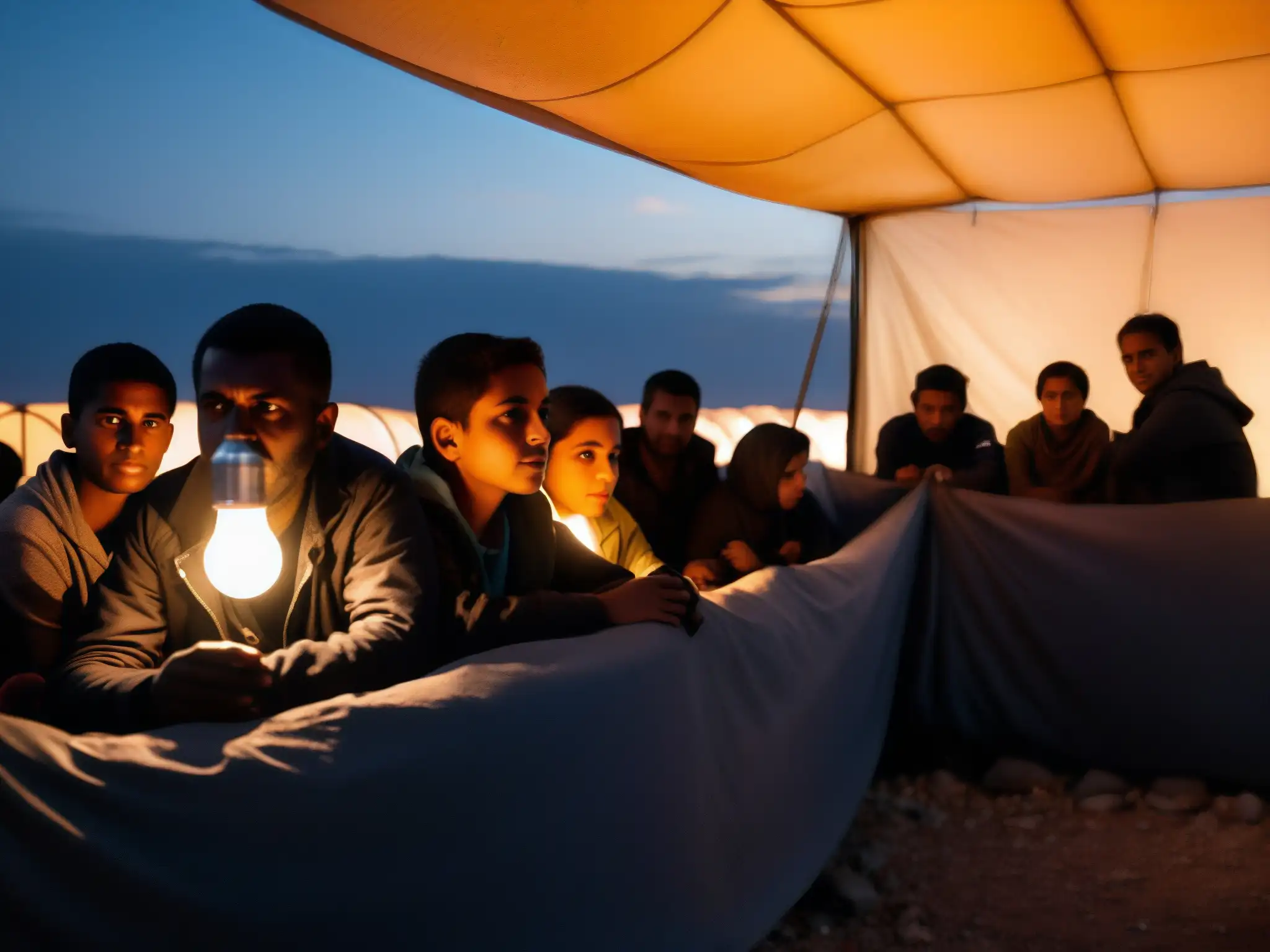 Refugiados en refugio improvisado con luz tenue, mostrando resiliencia ante políticas restrictivas fronterizas