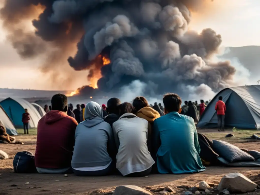 Refugiados en un refugio improvisado, con miradas de trauma y miedo