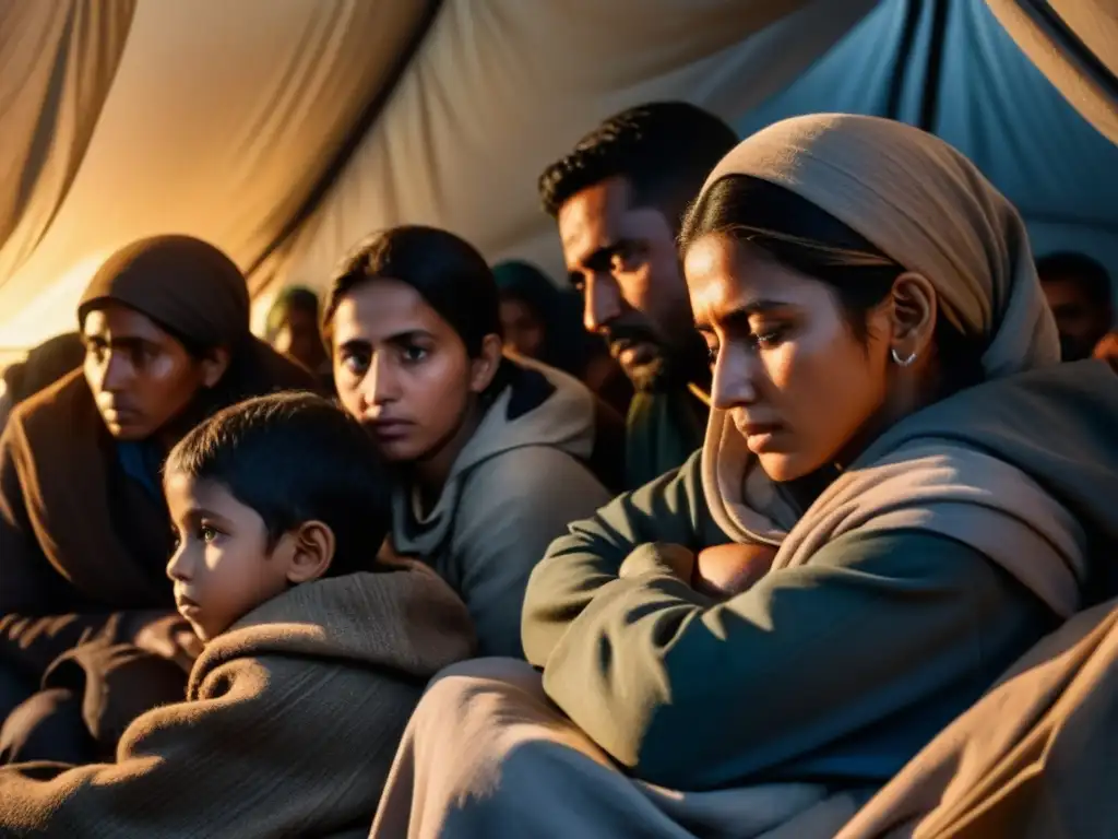 Refugiados se reúnen en un refugio improvisado, reflejando traumas psicológicos en refugiados, mostrando resiliencia