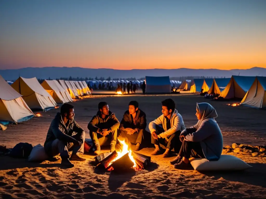 Refugiados reunidos alrededor de una fogata en un campamento, mostrando resiliencia