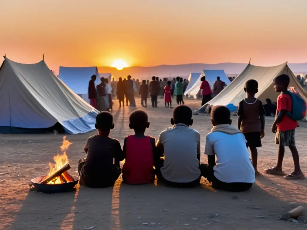 Refugiados reunidos alrededor del fuego en un campamento improvisado al atardecer, mostrando el impacto de las guerras en la pobreza