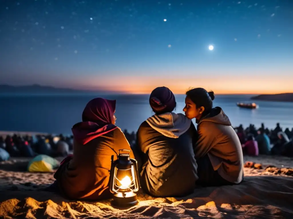 Refugiados reunidos en un refugio, iluminados por una linterna