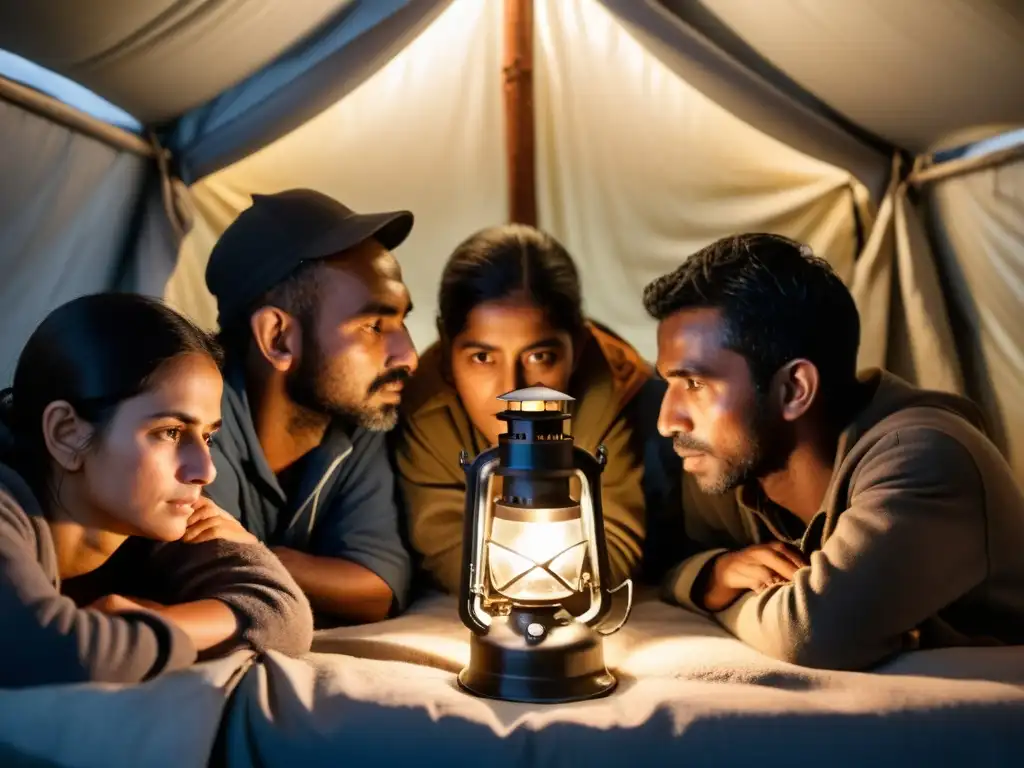 Refugiados reunidos en refugio precario, buscando asilo y seguridad