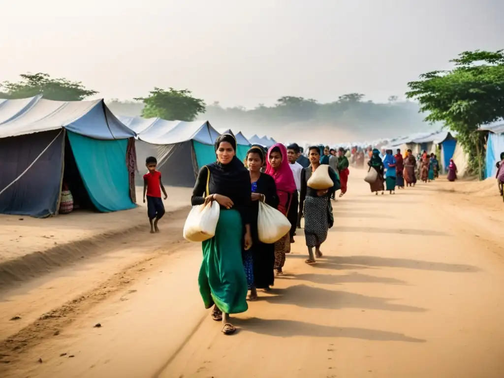 Refugiados rohingya caminan por un camino polvoriento en Cox's Bazar, Bangladesh, reflejando la persecución religiosa en regímenes asiáticos