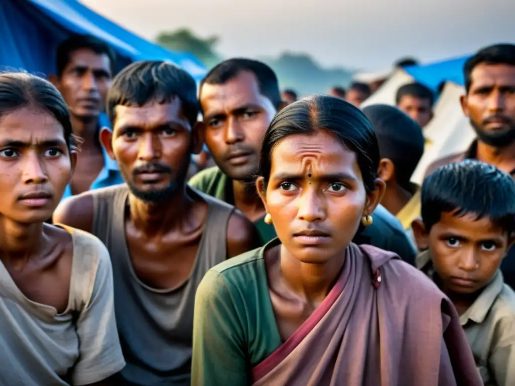 Refugiados rohingya en campamento precario, reflejando desesperación y lucha por sobrevivir ante genocidio y desplazamiento en Myanmar