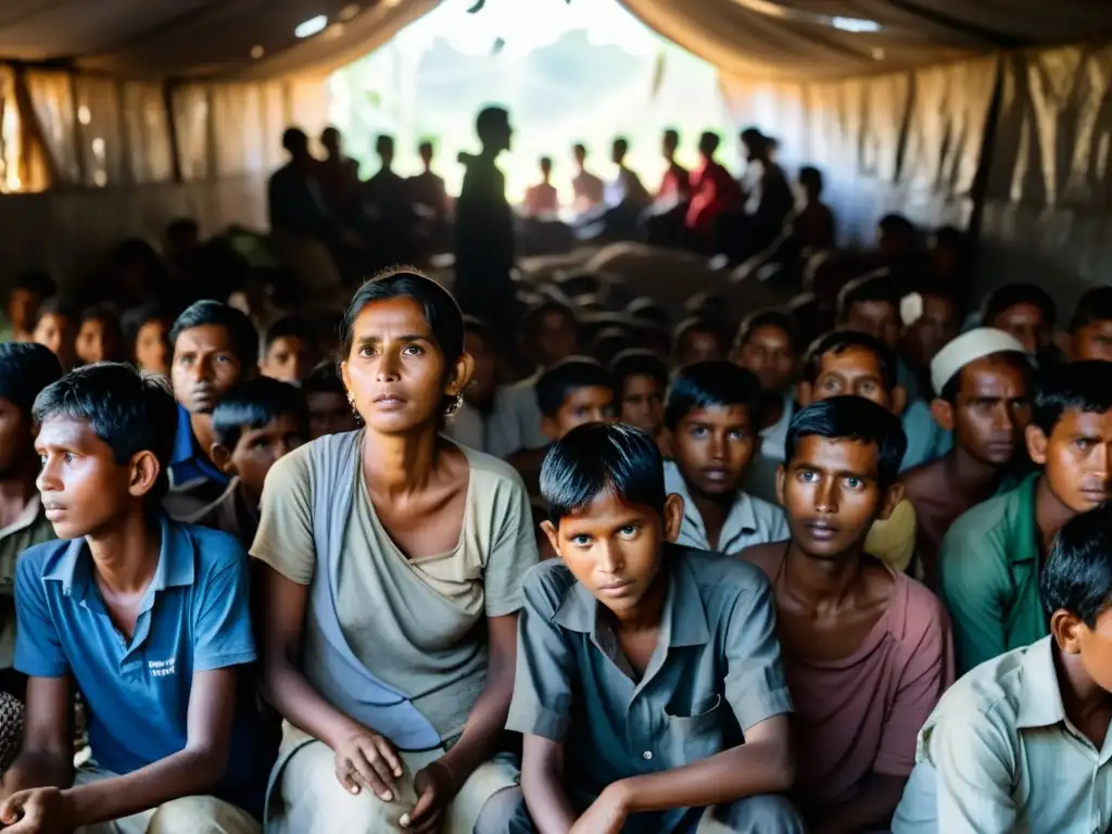 Refugiados Rohingya mostrando determinación en un precario refugio